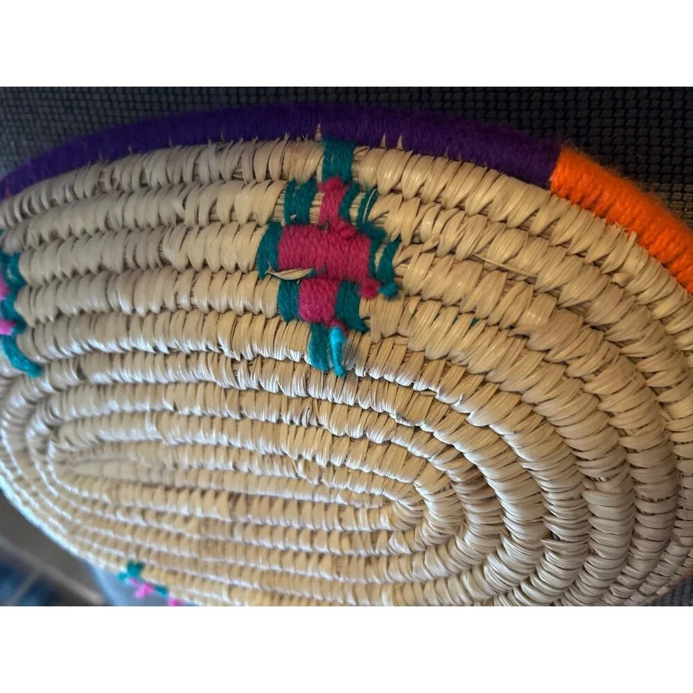 Vtg Southwest Native American Coiled Basket Tray 10” x 8” Wool Accents Handwoven